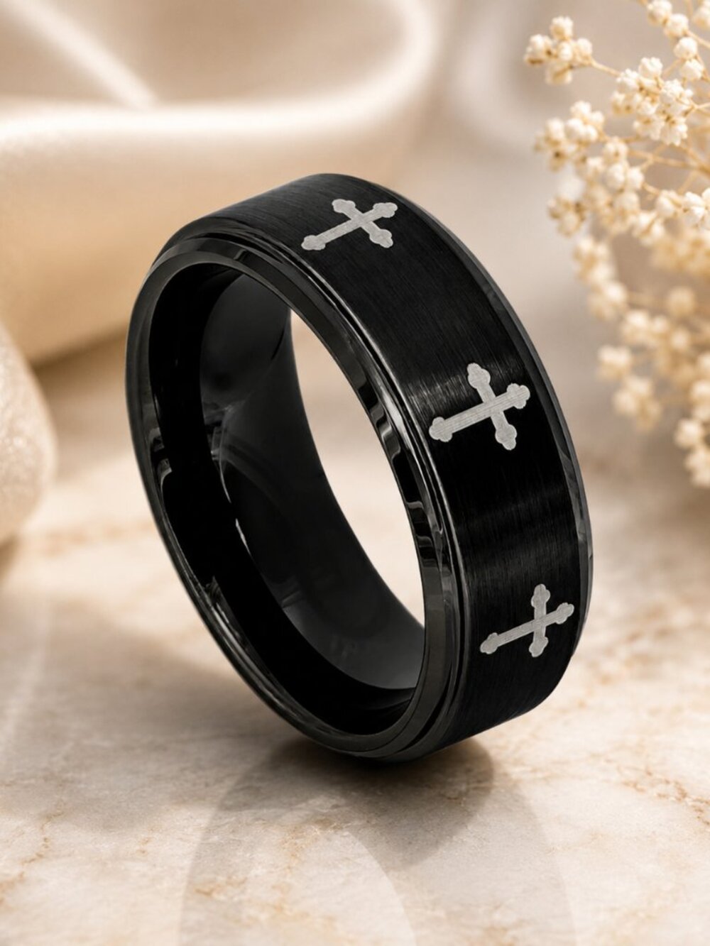 Black Brushed Tungsten Ring with Engraved Crosses - GALTUN689-9